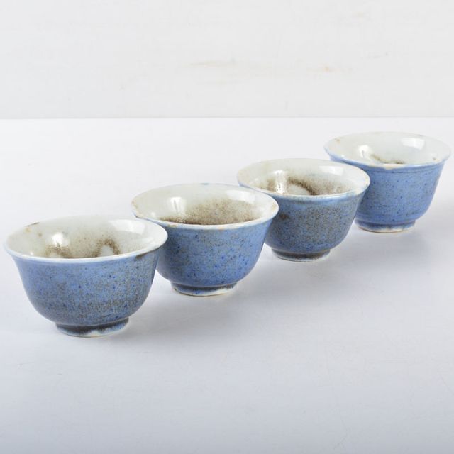 中国　藍釉吹墨　煎茶碗　四客　時代箱付　M　R4521