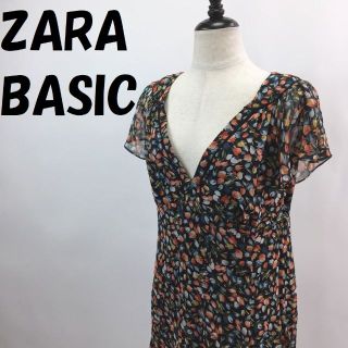 ザラ(ZARA)のザラベイシック 半袖 ワンピース 膝丈 総柄 花柄 マルチカラー サイズM(ひざ丈ワンピース)