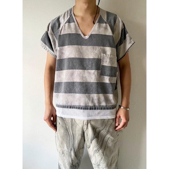 vintage 囚人服 ショート丈 ボーダー 黒白 プリズナーシャツ Tシャツ | フリマアプリ ラクマ