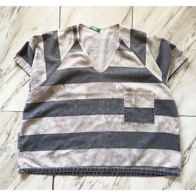 vintage 囚人服 ショート丈 ボーダー 黒白 プリズナーシャツ Tシャツ