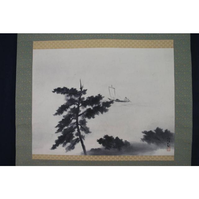 真作】大智勝観/夕凪図/帆舟図/横物/掛軸☆宝船☆J-586
