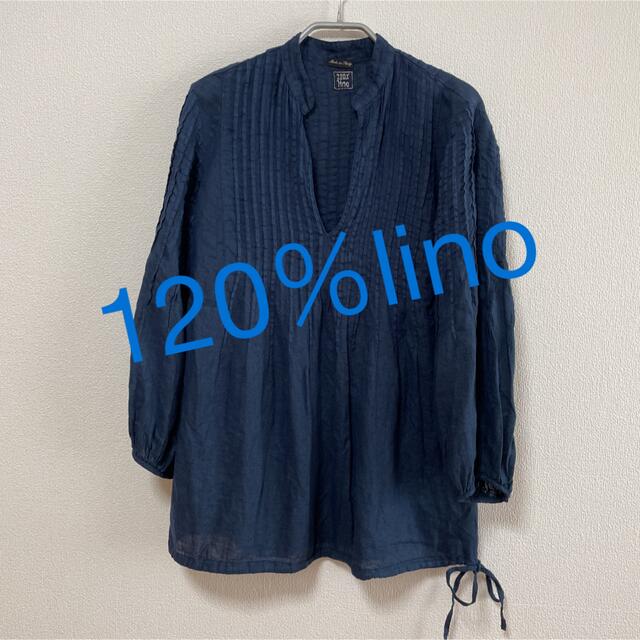 120％linoネイビーピンタックリネンブラウス