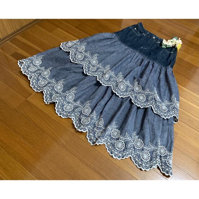 ロングスカートピンクハウスデニムカットワーク刺繍スカート