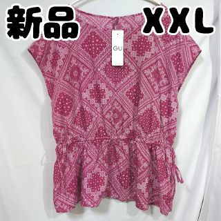 ジーユー(GU)の新品 未使用 GU バンダナプリントブラウス 半袖 レッド XXL(シャツ/ブラウス(半袖/袖なし))