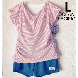 オーシャンパシフィック(OCEAN PACIFIC)の9790円 洋服のようなトップス水着 3点セット 赤白ボーダー Lサイズ(水着)