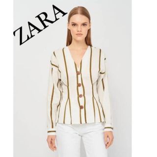 ザラ(ZARA)の美品　ZARA ザラ　ストライプ　リネン　シャツ　ブラウス　人気　完売(シャツ/ブラウス(長袖/七分))