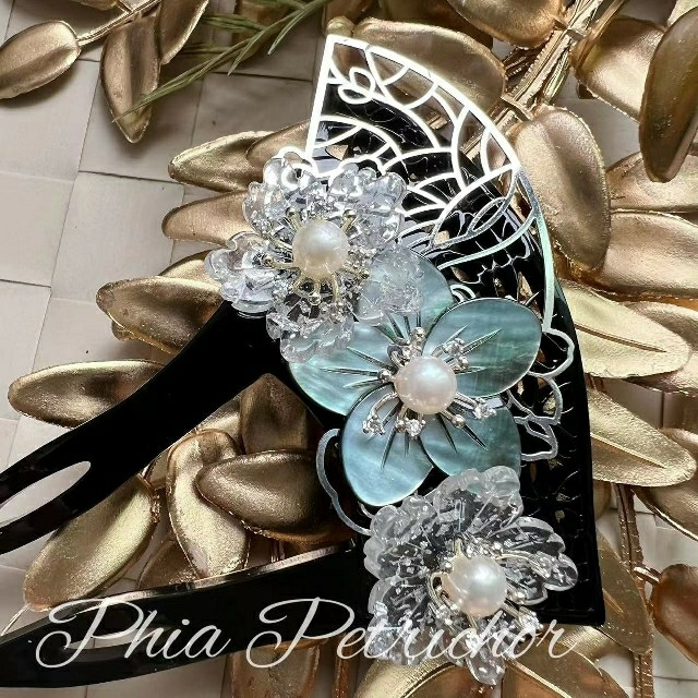 かんざし黒蝶貝B226112 バチ型 結婚式 パール 簪 留袖 着物 成人式 ハンドメイドのアクセサリー(ヘアアクセサリー)の商品写真