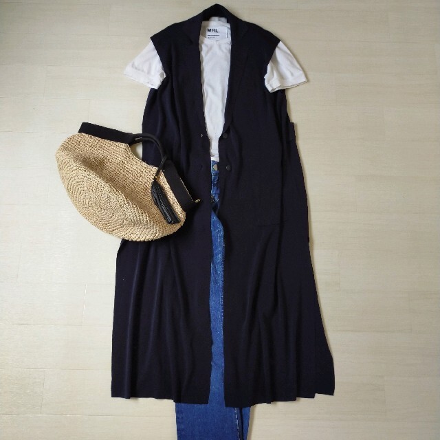 極美品 ベイジ ノースリーブ カーディガン ジレ ネイビー LL 大きい