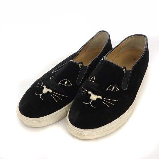 シャルロットオリンピア(Charlotte Olympia)のシャーロットオリンピア スリッポン 猫 刺繍 ベロア 37 23.5cm 黒(その他)