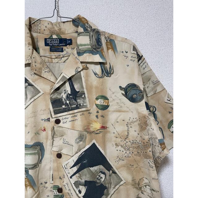 90s ポロラルフローレン フィッシング柄 開襟シャツ M VINTAGE-