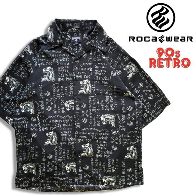 90s ロカウェア 半袖 総柄シャツ ブラック L Rocawear アロハ