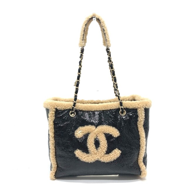 シャネル CHANEL シャイニー クランプル シープ AS1167 ココマーク チェーン  肩掛け トートバッグ ムートン ブラック×ベージュ