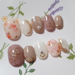 ネイルチップ 現品 ニュアンス×ミラーフラワー×水彩