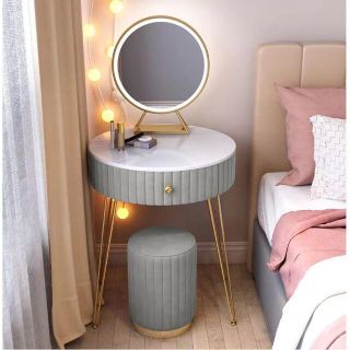 女性大人気 可愛い 円型オシャレドレッサー LED三段ミラー 椅子