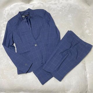 ザラ(ZARA)の美品　ZARA ザラ  ノーカラー　セットアップパンツスーツ　ネイビー　チェック(スーツ)