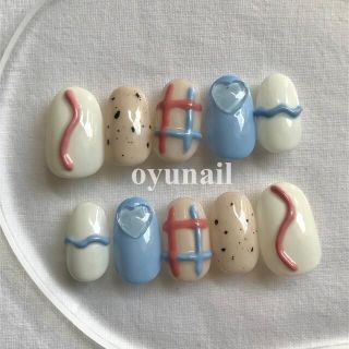 easter｜韓国　韓国風　ニュアンス　ぷっくり　牛柄　ハート 4(つけ爪/ネイルチップ)
