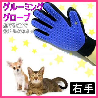 グルーミング グローブ ブルー右手 ペット抜け毛取り 犬 猫 ラバーブラシ(猫)