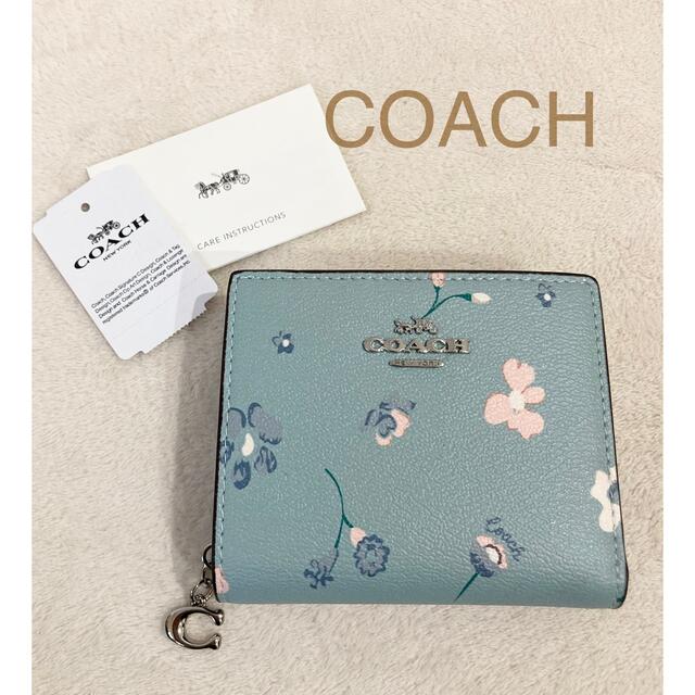 【新作♡】COACH 2つ折り 可愛い♡フラワー柄 スナップ ウォレット 水色 | フリマアプリ ラクマ