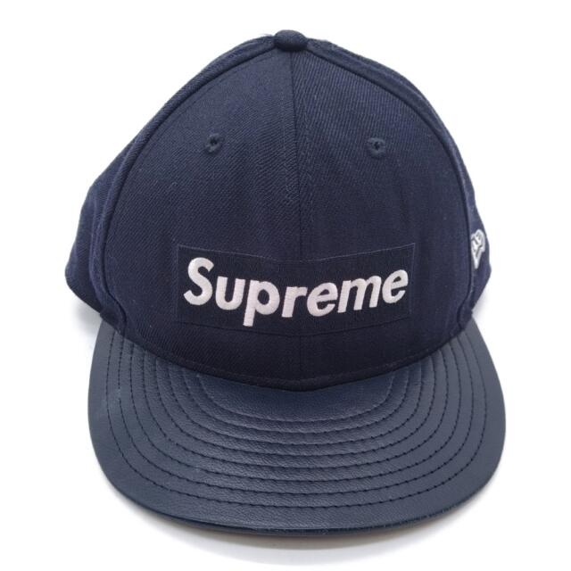 SUPREME シュプリーム x New Era 12AW Leather Visor Box Logo BOXレザーバイザーボックスロゴキャップ 帽子 レザー切替 ネイビー