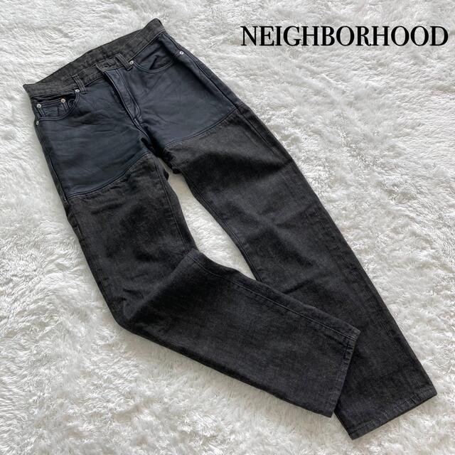 NEIGHBORHOOD(ネイバーフッド)の【NEIGHBORHOOD】 ネイバーフッド ブラックデニムパンツ レザー切替 メンズのパンツ(デニム/ジーンズ)の商品写真