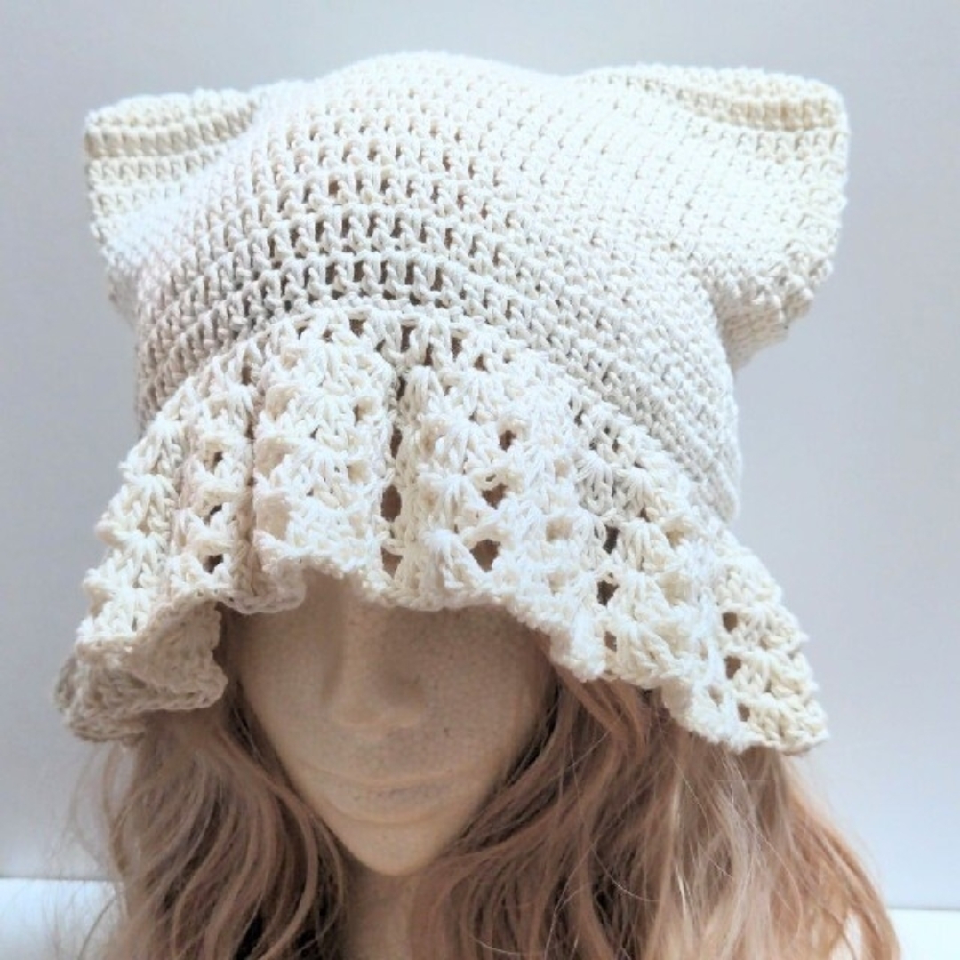 猫耳ハット 猫耳 クロシェハット バケットハット ビーニー 猫 手編み 帽子 ハンドメイドのファッション小物(帽子)の商品写真