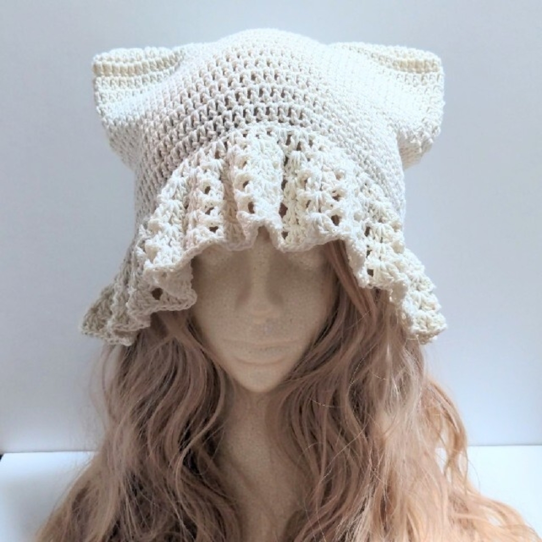 猫耳ハット 猫耳 クロシェハット バケットハット ビーニー 猫 手編み 帽子 ハンドメイドのファッション小物(帽子)の商品写真
