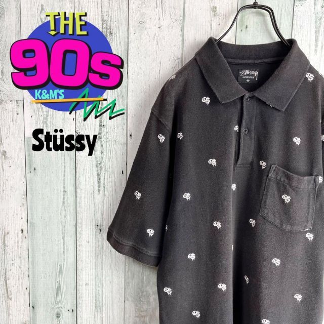 品質が完璧 STUSSY - 90's Stüssy ステューシー　ロゴ刺繍　総柄　ポロシャツ ポロシャツ