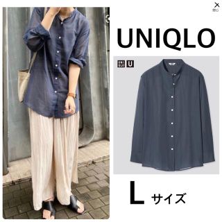 ユニクロ(UNIQLO)のUNIQLO シアーバンドカラーシャツ（長袖）ネイビー(シャツ/ブラウス(長袖/七分))