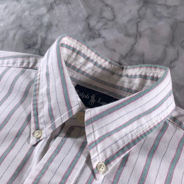 POLO RALPH LAUREN(ポロラルフローレン)の90s ラルフローレン ストライプ シャツ 長袖 ミント 白 カラーポニー 刺繍 メンズのトップス(シャツ)の商品写真