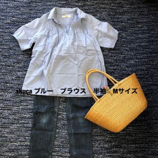 シュカ(shuca)のshuca ブルー　ブラウス　半袖　Mサイズ　USED品⭐︎(シャツ/ブラウス(半袖/袖なし))