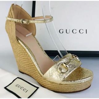 グッチ サンダル(レディース)(エスパドリーユ)の通販 46点 | Gucciの 国産 美品★GUCCI・レザー ホースビット サンダル(371/2) チャンキーヒール サンダル