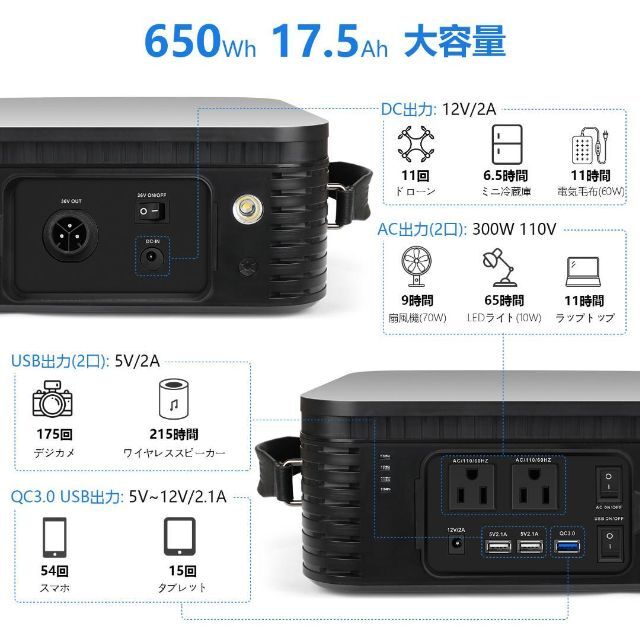 セット送料無料 ポータブル電源 PSE認証 大容量 650Wh アウトドア AC