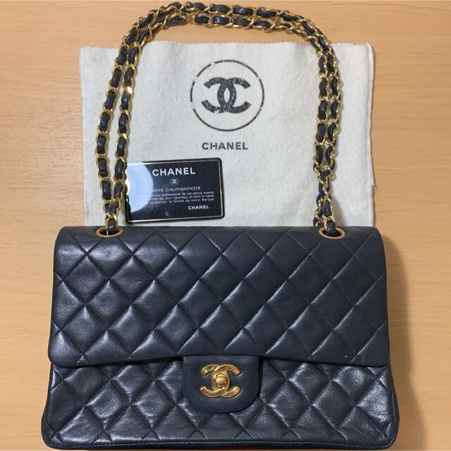 CHANELシャネル マトラッセ25センチ 黒 ラムスキン Wチェーン トップ