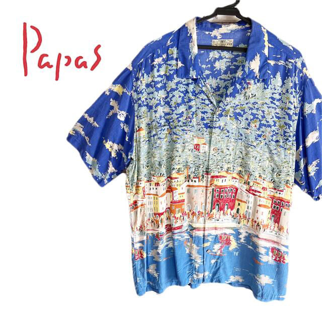 希少★Papas パパス 街並みデザイン 木製ロゴボタン 半袖シャツ ブルーのサムネイル
