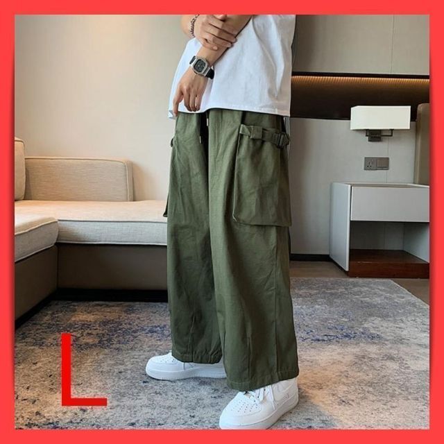 カーゴパンツ ワイド ユニセックス メンズ イージー 袴パンツ カーキ L