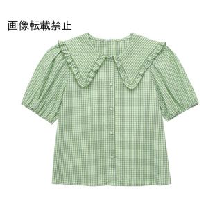 🐬6月新作💙8183◇green グリーン ギンガムチェック柄 シャツ ブラウス(シャツ/ブラウス(半袖/袖なし))