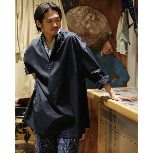 COMOLI - GABARDINE STAND COLLAR LONG SMOCK SHIRTの通販 by ...