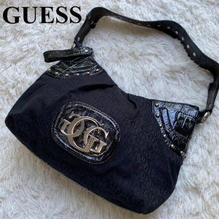 ゲス(GUESS)のGUESS ゲス　ハンドバッグ　トートバッグ　黒　ブラック　総柄　ロゴ　スタッズ(トートバッグ)