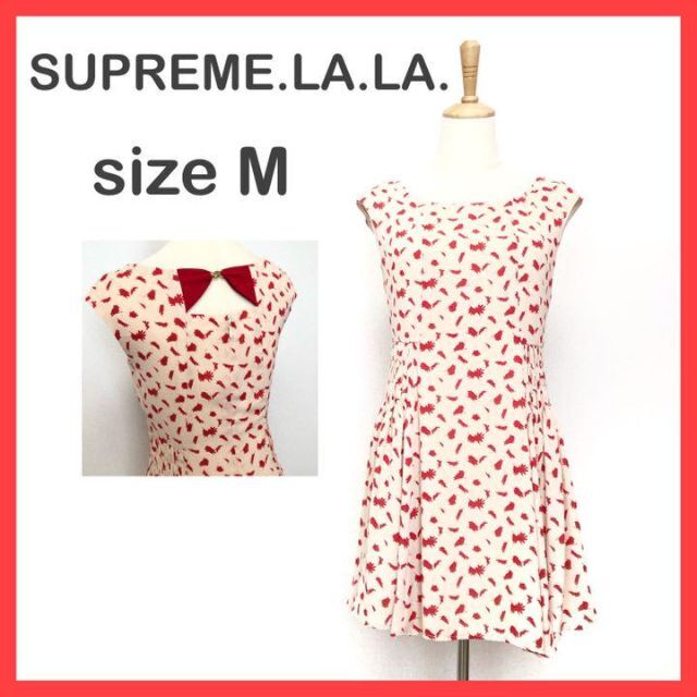 Supreme.La.La.(シュープリームララ)のシュープリームララ 膝丈ワンピース フレア  リボン 総柄 M サーモンピンク レディースのワンピース(ひざ丈ワンピース)の商品写真