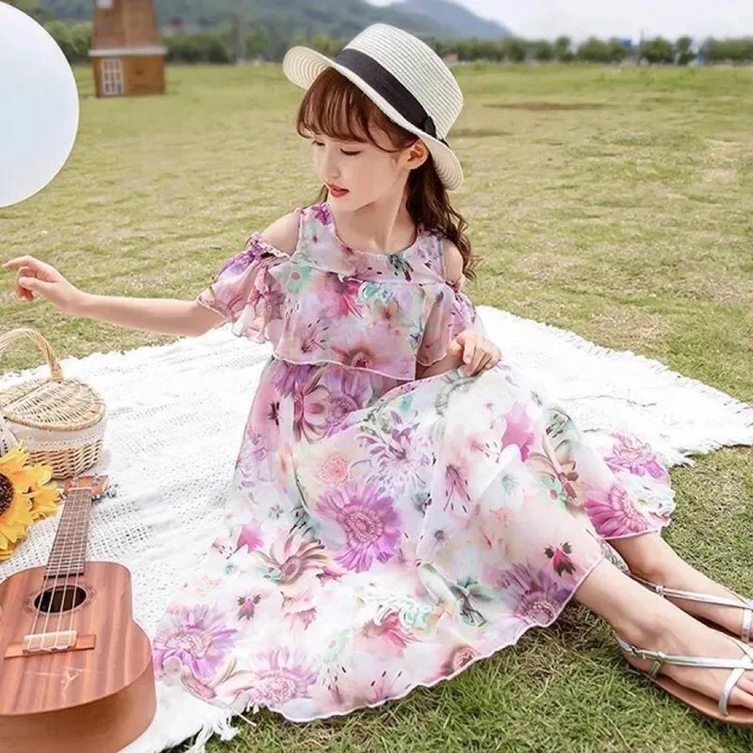 KWEA083キッズ 子供服 ロングワンピース 夏ゆったり 可愛い 花柄 肩出し
