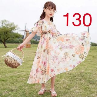 KWEA083キッズ 子供服 ロングワンピース 夏ゆったり 可愛い 花柄 肩出し(ワンピース)