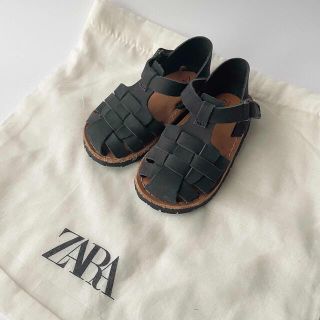 ザラキッズ(ZARA KIDS)のZARA 本革サンダル 12cm ネイビー 専用巾着付き(サンダル)