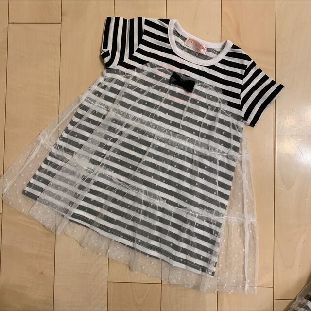 新品　チュール　ワンピース　ボーダー　90 ホワイト　ブラック キッズ/ベビー/マタニティのキッズ服女の子用(90cm~)(ワンピース)の商品写真