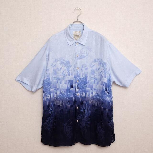 アロハシャツ グラデーション ボタニカル 半袖 シャツ ブルー XL