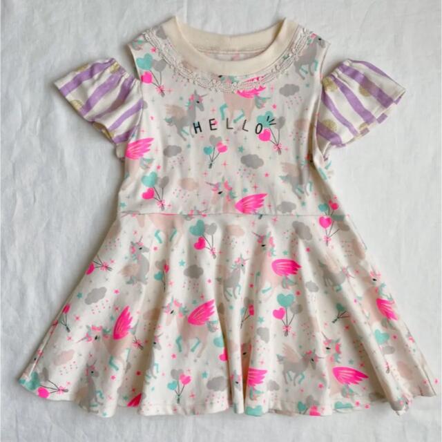 ✿size 100✿ オープンショルダー ミニワンピース 半袖 ユニコーン キッズ/ベビー/マタニティのキッズ服女の子用(90cm~)(Tシャツ/カットソー)の商品写真