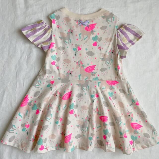 ✿size 100✿ オープンショルダー ミニワンピース 半袖 ユニコーン キッズ/ベビー/マタニティのキッズ服女の子用(90cm~)(Tシャツ/カットソー)の商品写真