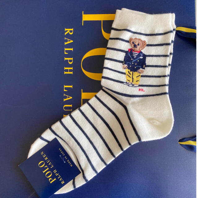 POLO RALPH LAUREN(ポロラルフローレン)のポロラルフローレン  ソックス ベア ボーダー  ホワイト×ネイビー新品 未使用 レディースのレッグウェア(ソックス)の商品写真