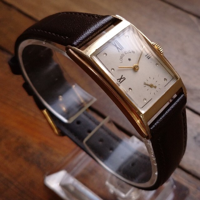 美品◎国内OH エルジン 14金張り アンティーク 手巻腕時計 スモセコ