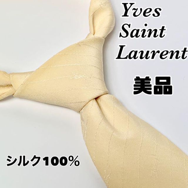 Saint Laurent(サンローラン)の【美品】イヴ　サンローラン　ネクタイ　ホワイトベージュ　ストライプ　YSL ロゴ メンズのファッション小物(ネクタイ)の商品写真