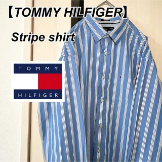 トミーヒルフィガー(TOMMY HILFIGER)のトミーフィルガー　ワンポイント刺繍ロゴ　青白ストライプシャツ　長袖　M 　古着(シャツ)